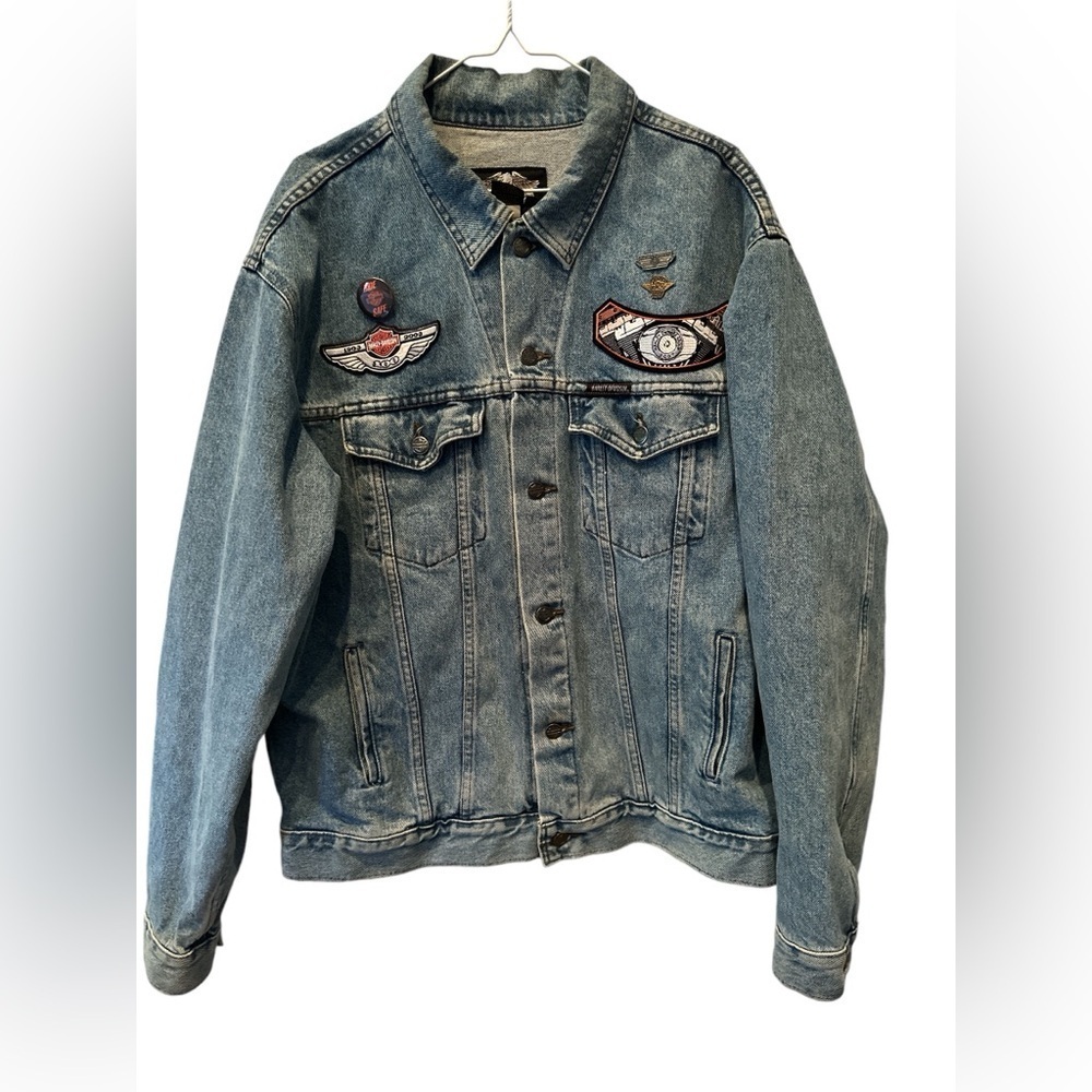 RARE Men's Harley Davidson Moto Waco TX Jean Jacket with Pins Patches Sz XL